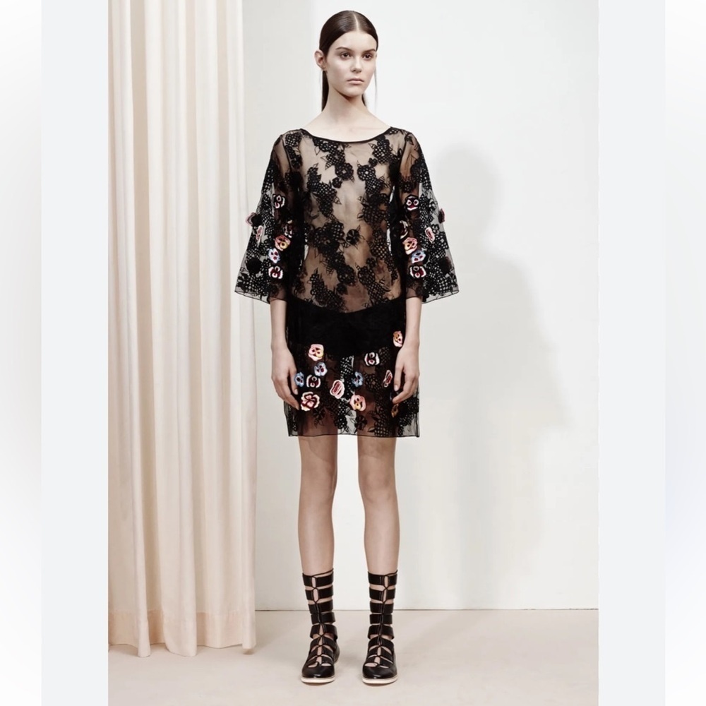 SUNO Silk Embroidered Lace Dress with Raised Floral Applique, Black, Size 6